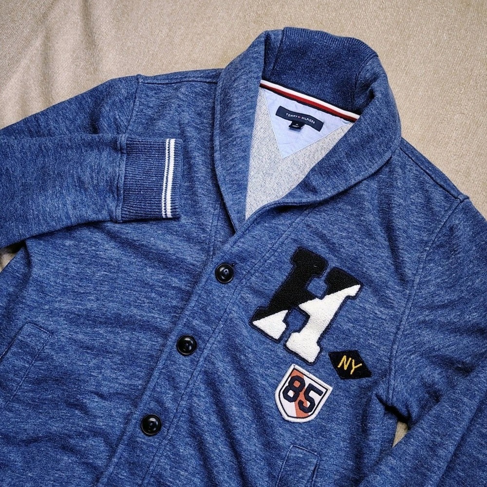 Tommy Hilfiger Varsity Cardigan Mens M Blue Shawl Collar Patch Sweater Jacket